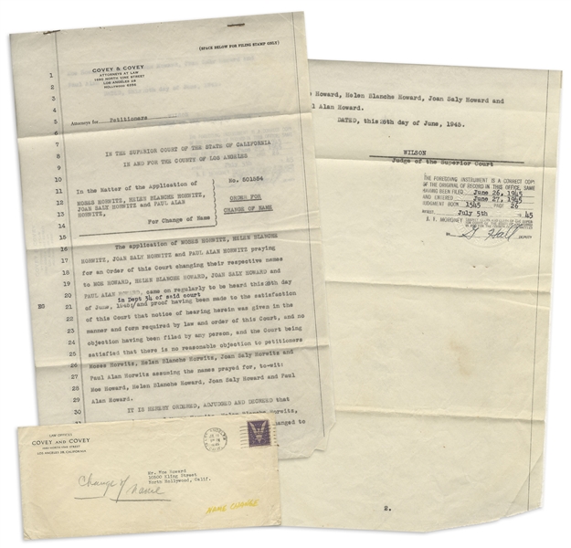 1945 Name Change Application From Moses Horwitz to Moe Howard -- Petition Also Includes Name Changes for Moe's Wife & Children -- 2pp. With Court Stamp Measures 8.5'' x 13'' -- Very Good Plus